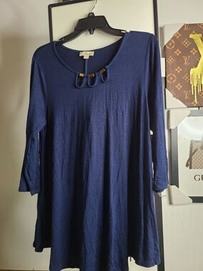 Misia Navy Blue Long Sleeve Scoop Neck Tunic with Gold Accents